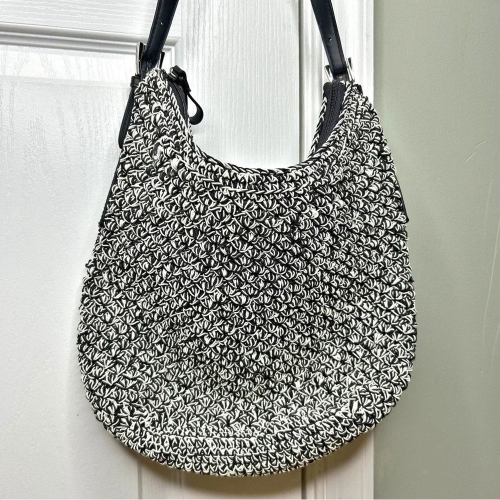 Nine West Black Cream Woven Texture Leather Strap Hobo Shoulder Bag Zip Closure